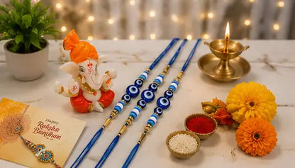 Rakhi Gift Combo Set for Brother – Set of 3 Evil Eye Rakhi with Ganpati Idol, Roli Chawal & Haldi | Raksha Bandhan Gift Pack