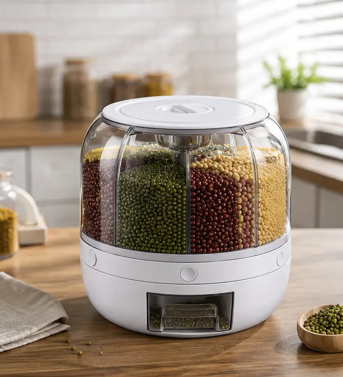 360° Rotating Grain Dispenser – 6-Compartment Kitchen Storage Container with Lid for Rice, Pulses & Dry Fruits