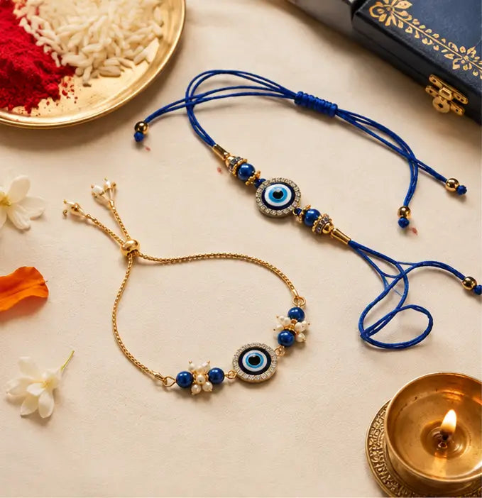 Bhaiya Bhabhi Evil Eye Rakhi Set – Blue Alloy Couple Rakhi with Roli Chawal
