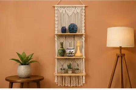 Boho Handmade Macrame Wall Hanging Wooden Floating Shelf – Decorative Storage Shelf for Plants, Books & Home Décor (Off-White)