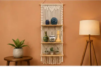 Boho Handmade Macrame Wall Hanging Wooden Floating Shelf – Decorative Storage Shelf for Plants, Books & Home Décor (Off-White)