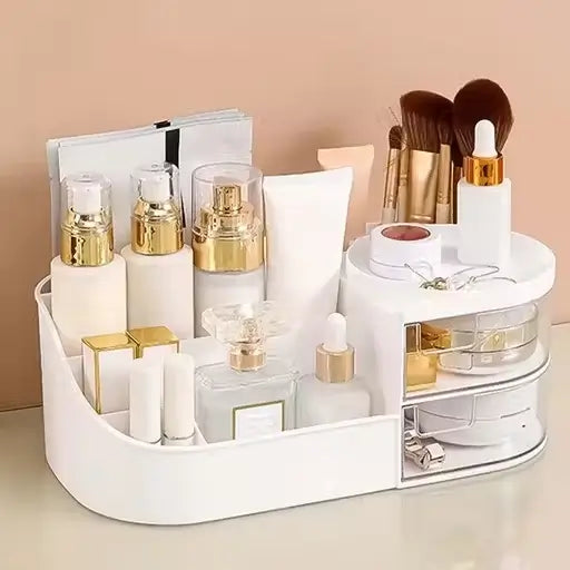 Cosmetic Organizer Box with Drawers – Plastic Makeup & Stationery Storage for Women, Off-White.