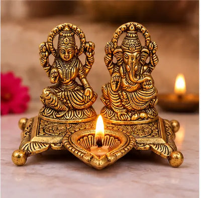 Lakshmi Ganesh Idol with Decorative Diya, Aluminium Golden Finish