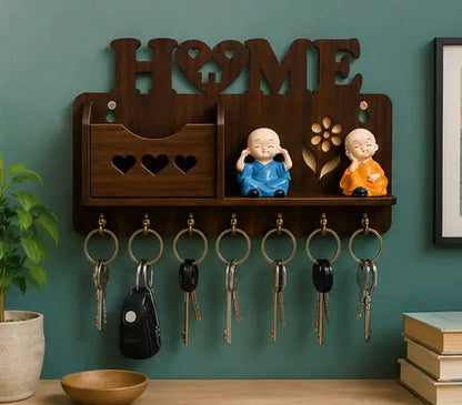 Wooden Wall Mounted Key Holder with Shelf – Decorative Home Key Organizer Rack with 7 Hooks