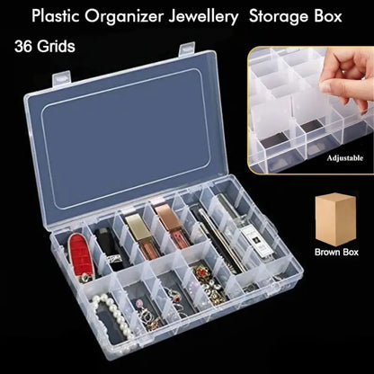 36 Grids Clear Plastic Organizer Jewelry Storage Box with Adjustable Dividers, Transparent Organizer Box (1pc)