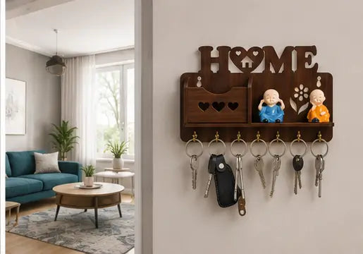 Wooden Wall Mounted Key Holder with Shelf – Decorative Home Key Organizer Rack with 7 Hooks