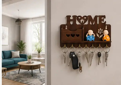 Wooden Wall Mounted Key Holder with Shelf – Decorative Home Key Organizer Rack with 7 Hooks
