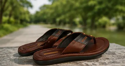 Goodreed Men's Brown Leather Flip Flops – Premium EVA Sole Casual Thong Slippers for Daily Wear