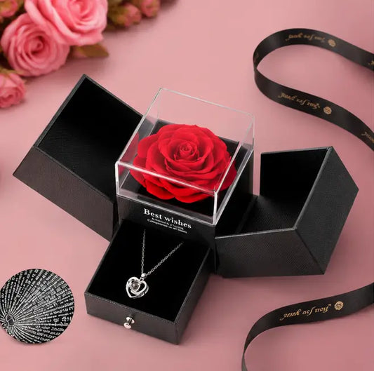 Preserved Rose Flower Gift with Heart Necklace – Romantic Anniversary, Birthday & Valentine Gift for Girlfriend or Wife