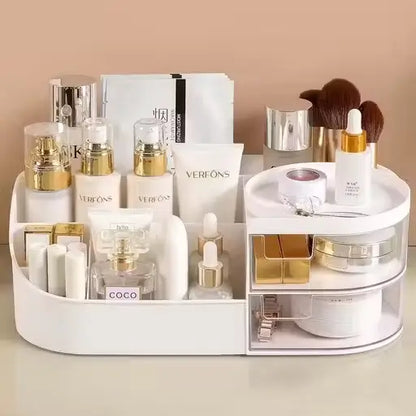 Cosmetic Organizer Box with Drawers – Plastic Makeup & Stationery Storage for Women, Off-White.