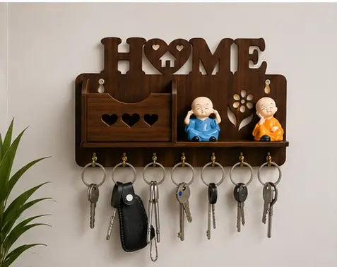 Wooden Wall Mounted Key Holder with Shelf – Decorative Home Key Organizer Rack with 7 Hooks