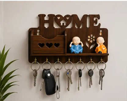 Wooden Wall Mounted Key Holder with Shelf – Decorative Home Key Organizer Rack with 7 Hooks