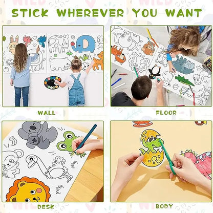 Kids Drawing Paper Roll, 30 x 300 cm, Large Colouring Poster with Animals, Transport, Space, Dinosaur Designs