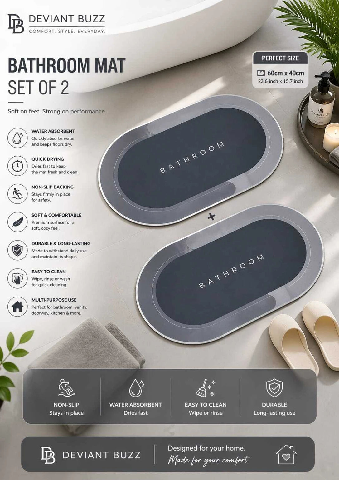 Water Absorbing Bathroom Mat Door Mat for Home Anti Skid Mat for Bathroom Floor Mat Rubber Backed Anti-Slip Non Slip mat for Home, Kitchen (40 x 60 cm) (Oval PACK OF 2 PCS)