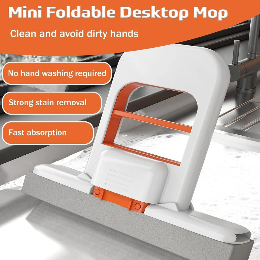 Mini Foldable Desktop Mop, Portable Cleaning Sponge Mop (with a Sponge Head), Mini Mop for Small Spaces, One-Hand Squeeze Handle & Replaceable Head, Wet/Dry Use