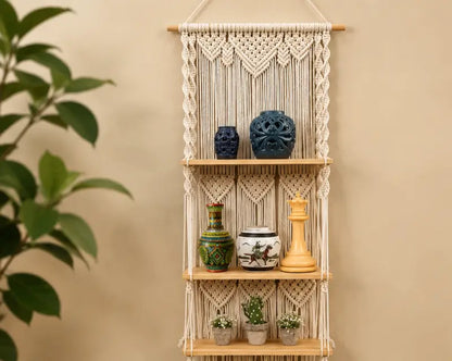 Boho Handmade Macrame Wall Hanging Wooden Floating Shelf – Decorative Storage Shelf for Plants, Books & Home Décor (Off-White)