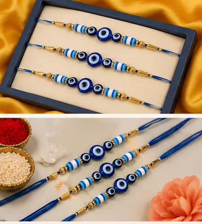 Rakhi Gift Combo Set for Brother – Set of 3 Evil Eye Rakhi with Ganpati Idol, Roli Chawal & Haldi | Raksha Bandhan Gift Pack