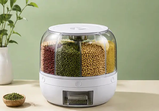 360° Rotating Grain Dispenser – 6-Compartment Kitchen Storage Container with Lid for Rice, Pulses & Dry Fruits