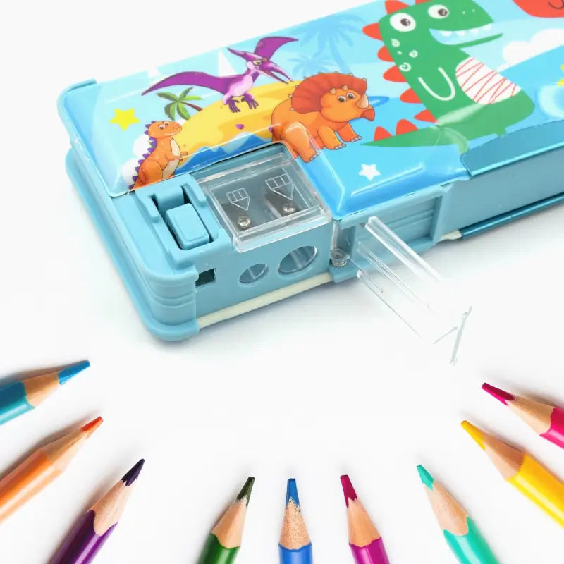 Multipurpose Compass Box, Plastic Double Deck Pencil Case with 2 Compartments, Supplies Utility Box Storage Organizer, Pencil Box for School, Cartoon Printed Pencil Case for Kids, Birthday Gi