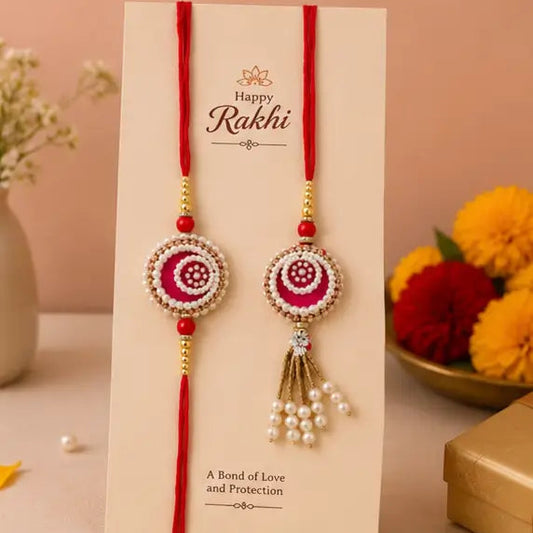 Hand-Finished Designer Bhaiya Bhabhi Rakhi Gift Set – Ethnic Couple Rakhi with Greeting Card