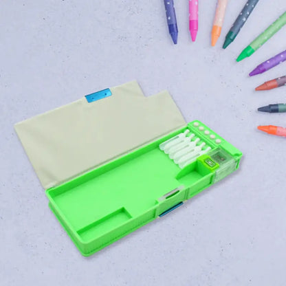 Kids Cartoon Multipurpose Compass Box – 2 Compartment Pencil Box with Sharpener & Push Button Lock for School Stationery