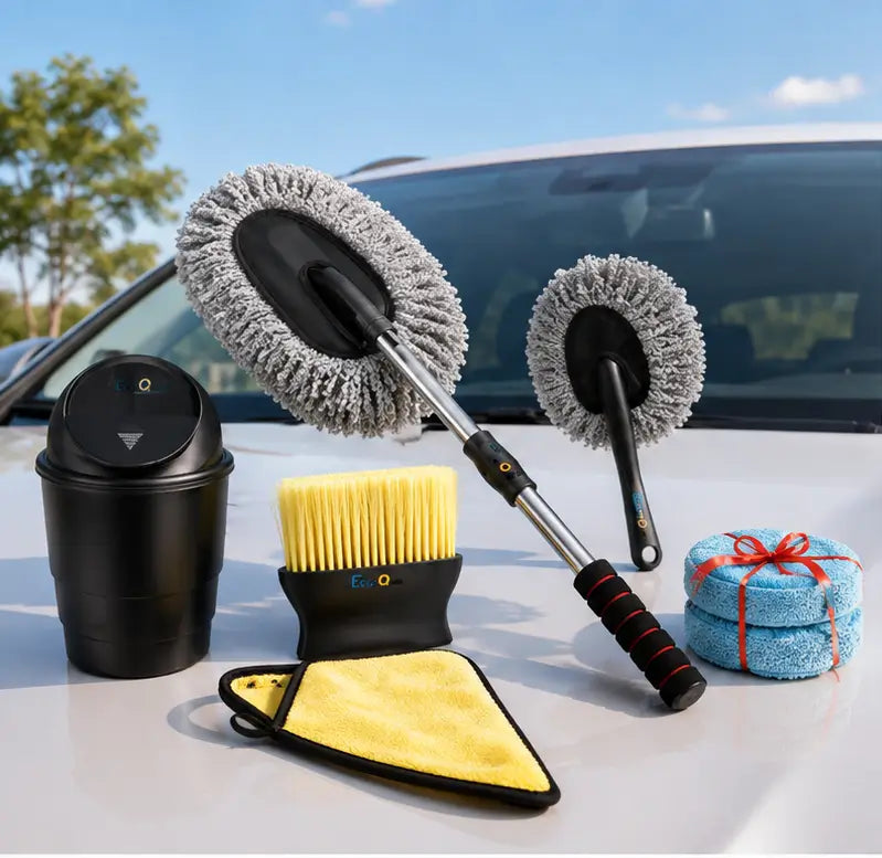 6-Piece Car Cleaning Kit – Microfiber Duster, Long Handle Brush, AC Vent Cleaner, Cleaning Cloth, Dustbin & Glass Cleaning Tablets