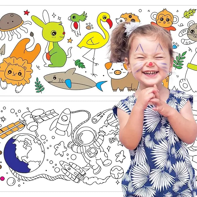 Kids Drawing Paper Roll, 30 x 300 cm, Large Colouring Poster with Animals, Transport, Space, Dinosaur Designs