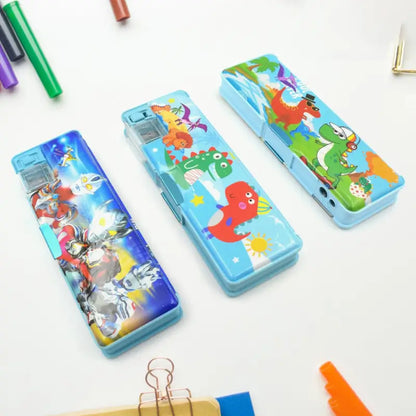 Multipurpose Compass Box, Plastic Double Deck Pencil Case with 2 Compartments, Supplies Utility Box Storage Organizer, Pencil Box for School, Cartoon Printed Pencil Case for Kids, Birthday Gi
