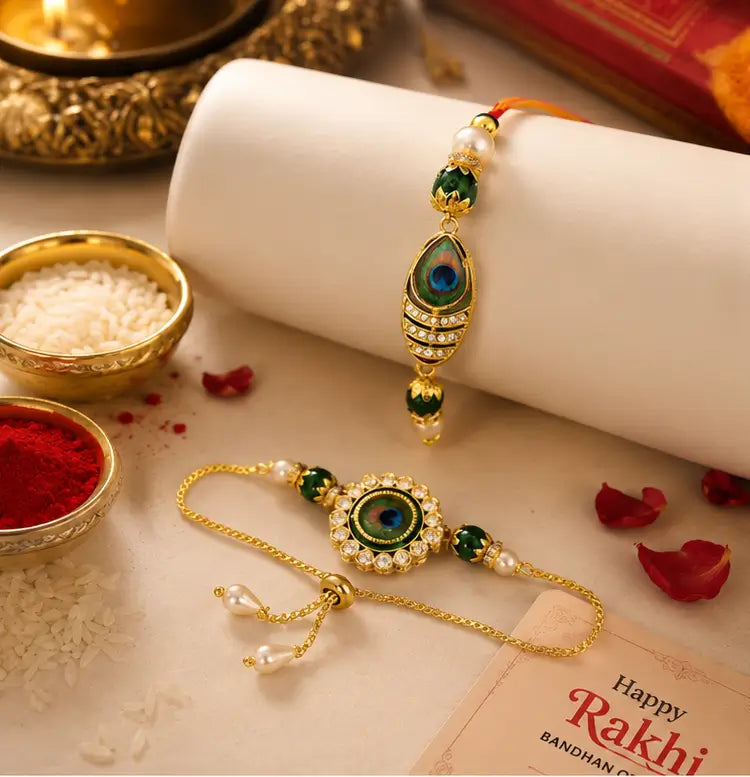 Mor Pankh Bhaiya Bhabhi Rakhi Set with Roli Chawal – Brass Designer Rakhi Combo for Raksha Bandhan