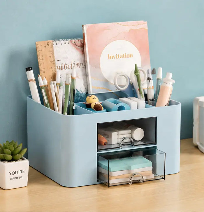 Desk Organiser – 5 Compartments & 2 Drawers Multifunctional Stationery Storage Organizer