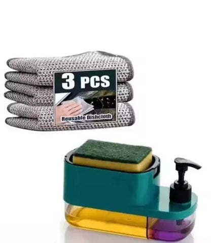 3 in 1 Soap Pump Dispenser with Sponge Holder & 3 Reusable Cleaning Cloths | Dual Chamber Dishwashing Liquid Dispenser for Kitchen Sink & Bathroom | Green | Pack of 1