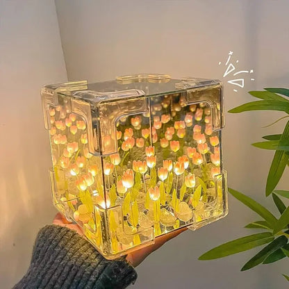 3D Tulip LED Night Lamp with Infinity Mirror – DIY Decorative Table Lamp for Bedroom, Living Room & Home Décor