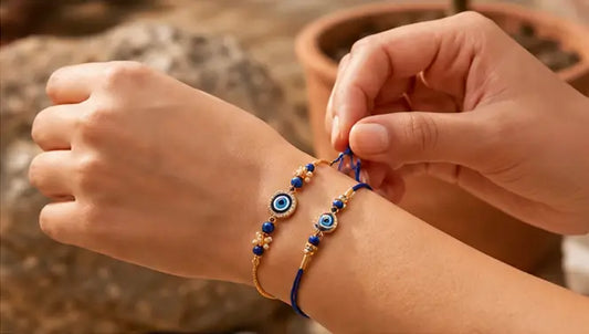 Bhaiya Bhabhi Evil Eye Rakhi Set – Blue Alloy Couple Rakhi with Roli Chawal